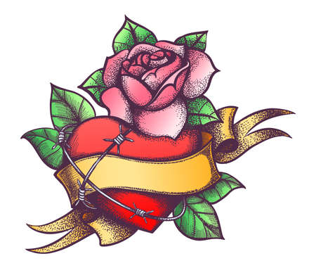 Colorful tattoo of Heart and Rose Flower and barbed Wire isolated on white. Vector illustration.のイラスト素材