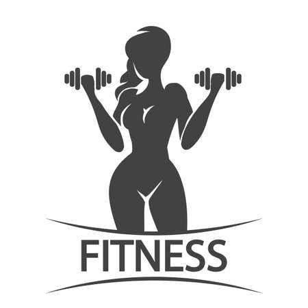 Bodybuilder Gym or Fitness clubTemplate. Athletic Woman Holding Weight Silhouette isolated on white. Vector illustration.のイラスト素材