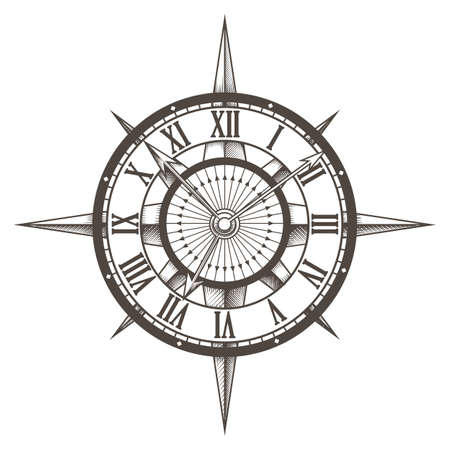 Retro Emblem of Round Compass Clock drawn on white background. Vector illustration.のイラスト素材