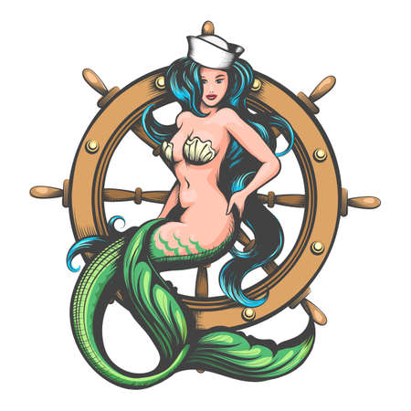 Colorful Tattoo of Mermaid in Sailor hat and Steering Wheel. Vector illustration.のイラスト素材