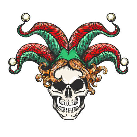 Tattoo of smiling Joker skull in Jester Hat isolated on white. Vector illustrationのイラスト素材