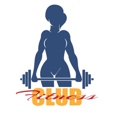 Athletic or Fitness Club Template. Silhouette of Athletic Woman Holding Weight.  vector illustrationのイラスト素材