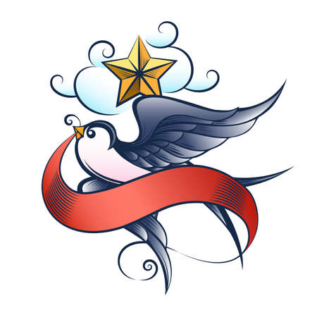 Tattoo of Flying Swallow with Star and Ribbon isolated on white.
Vector illustrationのイラスト素材
