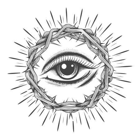 Mystical Tattoo of all seeing Eye in a Crown of Thorns isolated on white.
Vector illustration.のイラスト素材