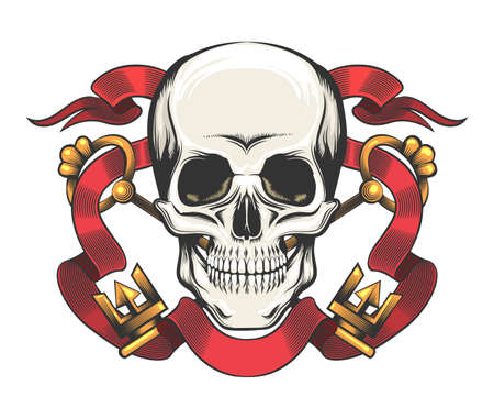 Tattoo of Skull with Golden Keys and Red Ribbon. Esoteric Symbol frailty of existence isolated on white. Vector illustration.のイラスト素材