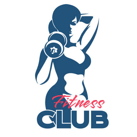 Fitness club  or emblem with athletic woman. Woman holds dumbbell. Isolated on white background.のイラスト素材