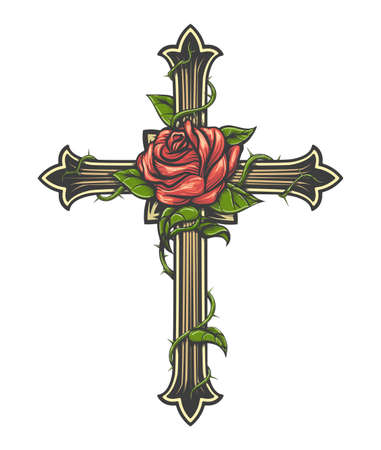 Tattoo of Cross with Rose flower drawn in engraving style. Vector illustrationのイラスト素材