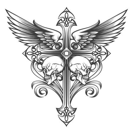 Tattoo of Cross with Wings and Skulls drawn in engraving style. Vector illustration.のイラスト素材