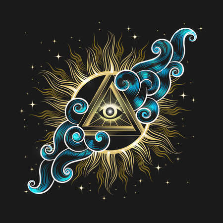 Golden Eye of Providence Inside Pyramid in a Sky and stars isolated on black. Vector illustration.のイラスト素材