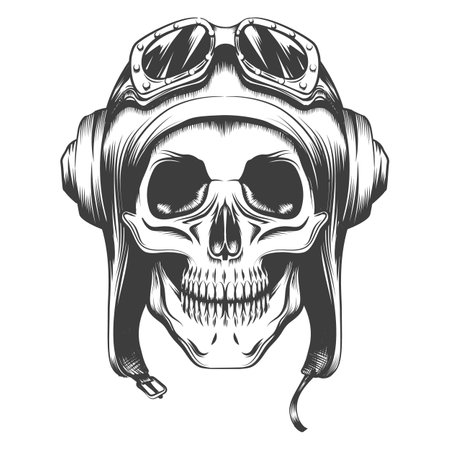Tattoo of Human Skull in Retro Aviator Helmet isolated on white. Vector illustration.のイラスト素材