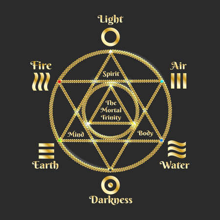 Golden Esoteric Hexagram. Sacred geometry hexagon symbol isolated on Black Background. Vector illustration.のイラスト素材