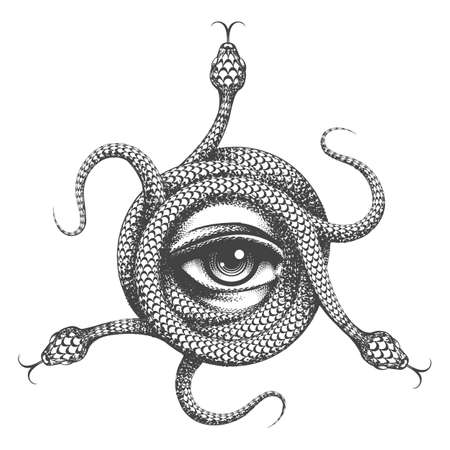 Tattoo of All Seeing Eye inside Snake Knot. Hand drawn Masonic Symbol on white background. Vector illustration.のイラスト素材