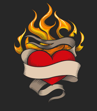 Flaming Heart Emblem and banner for your iscription isolated on black background. Vector illustration.のイラスト素材