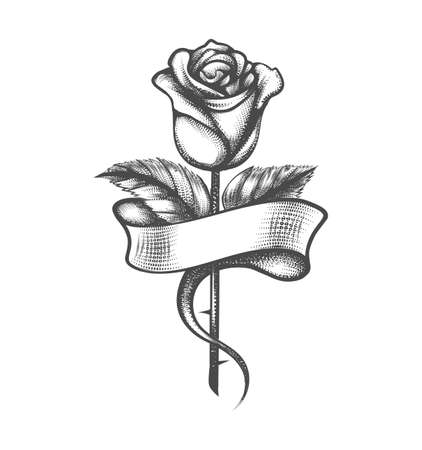 Tattoo of Rose Flower with Blank Ribbon drawn in engraving style isolated on white. Vector illustration.のイラスト素材
