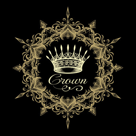 Emblem of crown in frame isolated on black background. Vector illustration.のイラスト素材