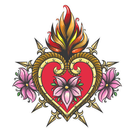 Tattoo of Sacred Heart Colorful Symbol isolated on white. Vector illustration.のイラスト素材
