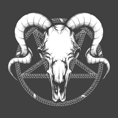 Occult Symbol of Goat skull against Pentagram isolated on black. Vector illustration.のイラスト素材
