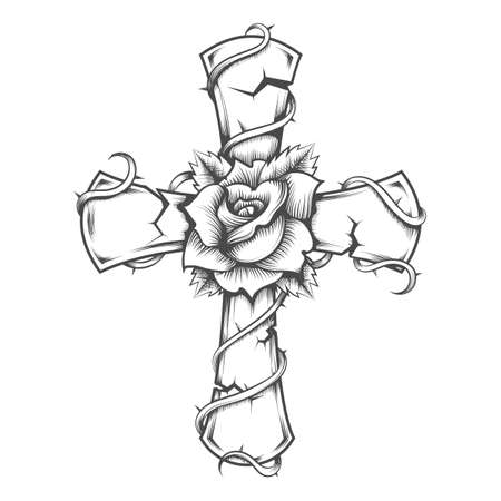 Tattoo of Stone Cross and Rose Flower isolated on white.
Vector illustration.のイラスト素材