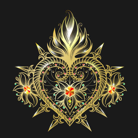 Golden Sacred Heart Symbol Isolated on Black. Vector illustration.のイラスト素材