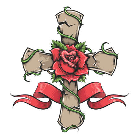 Tattoo of Rose on Stone Cross and Ribbon Vector illustration.のイラスト素材