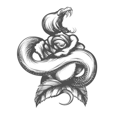 Monochrome tattoo of Snake and Rose Flower Isolated on White.
Vector illustration.のイラスト素材