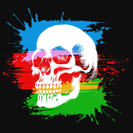 Human Skull over Paint brush strokes blobs and splashes. Print Design Isolated on Black. Vector illustration.のイラスト素材