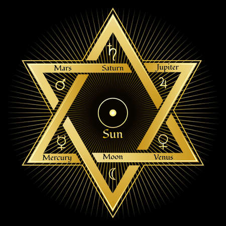 Ancient Esoteric Illustration of Astrological Planet Symbols in The Solomon seal Hexagram isolated on black. Vector illustration.のイラスト素材