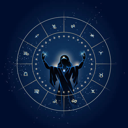 Zodiac Signs Inside Horoscope Circle and Female Fortune Teller Silhouette. Astrological vector Illustrationのイラスト素材