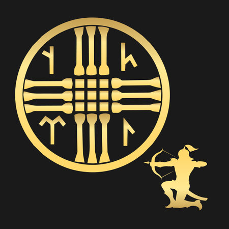 Tengrism Ancient Religion Symbol Emblem. Central and East Asia Sky God Tengry and nomad archer isolated on black. Vector illustrationのイラスト素材