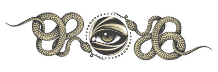 All Seeing Eye and Two Crawling Snakes Medieval Occultic Illustration isolated on white. Vector illustration.のイラスト素材