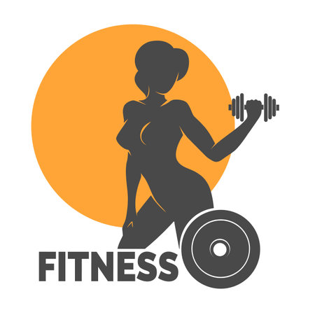 Fitness club   . Woman holds dumbbells. Vector illustration Isolated on white background.のイラスト素材