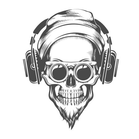 Tattoo of Skull with Beard in Beanie glasses and Headphones. Vector illustration in engraving Styleのイラスト素材