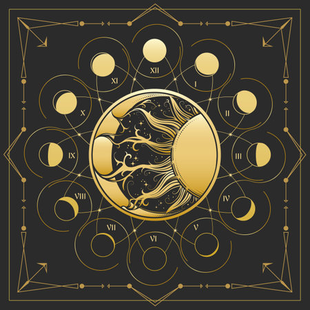Sun and Crescend Moon with Phases Medieval Astrological Emblem on Black  background. Vector illustration.のイラスト素材