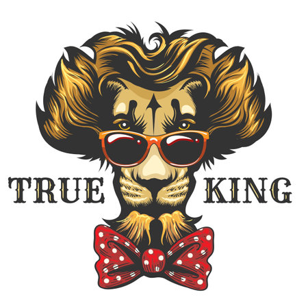 Lion Head in a Glasses with Bow Tie isolated on white. Vector illustration.のイラスト素材