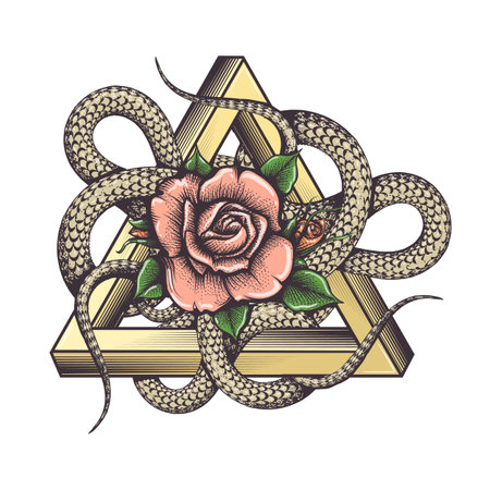 Rose and Snakes inside Triangle Esoteric Tattoo isolated on white. Vector illustrationのイラスト素材