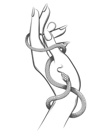 Tattoo of Female Hand with Snake isolated on White Background. vector illustration.のイラスト素材