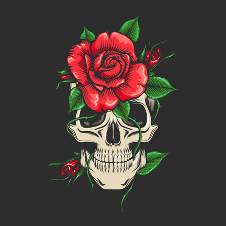 Colored Human Skull and Roses Flowers Isolated on Black background. Vector illustration.のイラスト素材