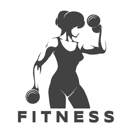 Fitness Emblem with Training Woman Holds Dumbbells isolated on white. Vector illustration.のイラスト素材