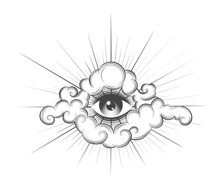 Tattoo of All Seeing Eye In a Sky drawn in Engraving style isolated on white. Vector illustration.のイラスト素材