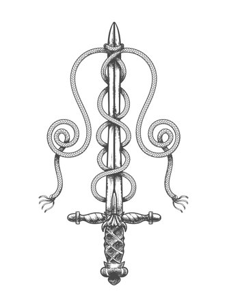 Tattoo of Rising Sword in Ropes Morale Symbol isolated on white. Vector illustration.のイラスト素材