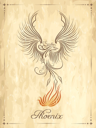 Phoenix Bird Ancient Symbol of Rebirth Emblem on the old paper scroll. Vector illustration.のイラスト素材