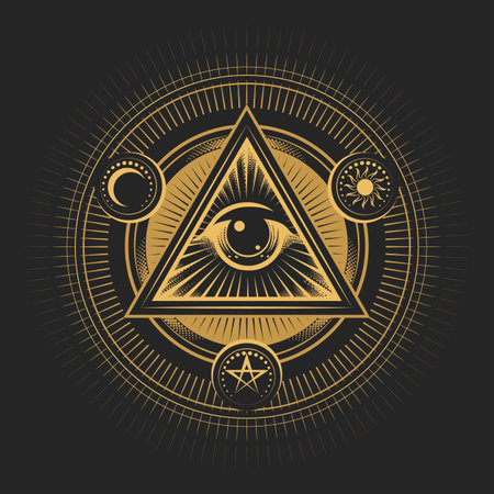 Occult Emblem of Masonic All seeing Eye of Providence  isolated on Black Background. Vector illustrationのイラスト素材