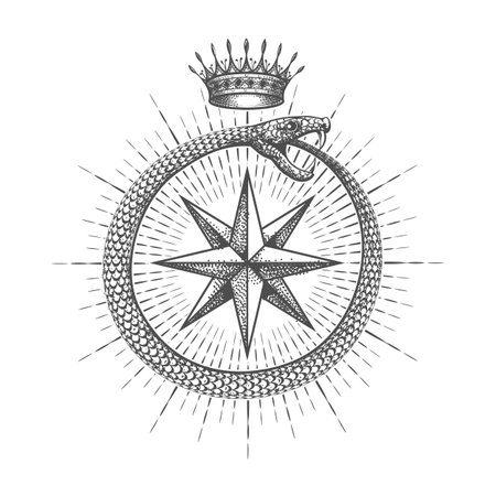 Esoteric Tattoo of Ouroboros Snake Eat Their Tails with Crown Wind Rose isolated on white. Vector illustrationのイラスト素材