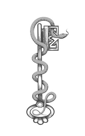 Tattoo of Ancient Esoteric Symbols of Key and Snake Drawn in Engraving Style isolated on white. Vector illustration.のイラスト素材