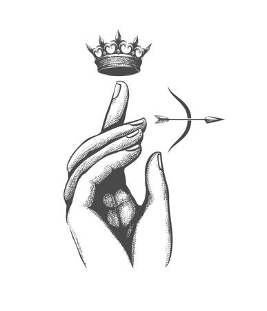 Tattoo of Punishing Hand of The Lord with crown and Bow isolated on white. Vector illustration.のイラスト素材