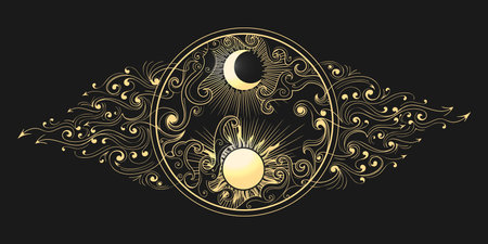 Sun and Moon Esoteric Illustration Isolated on Black. Vector illustrationのイラスト素材