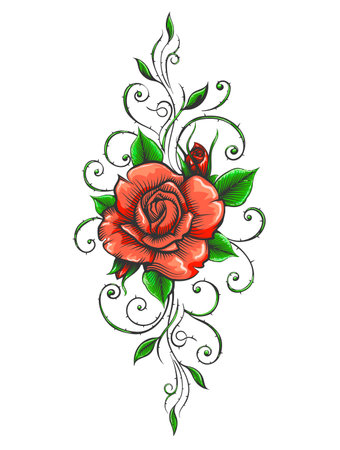 Tattoo of Colored Roses Flower drawn in Engraving Style isolated on white.のイラスト素材