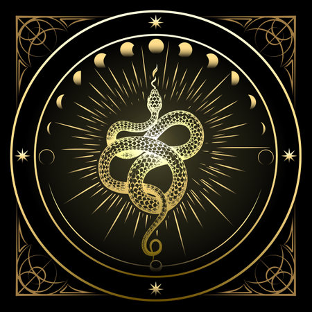 Golden Snake and Phases of Moon Astrological Emblem isolated on white. Vector illustrationのイラスト素材