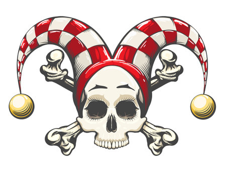 Tattoo of Human Skull in Clown Cap drawn in engraving style isolated on white background. Vector illustration.のイラスト素材