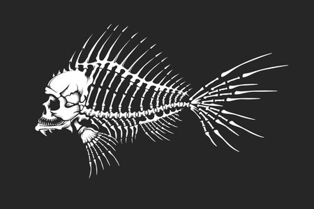 Human Skull Dead Fish Skeleton made of bones isolated on black. Vector illustrationのイラスト素材